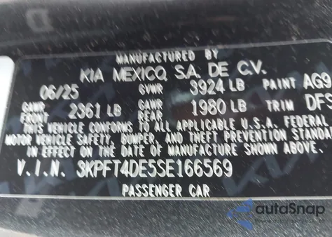 2025 Kia K4 Lxs from USA, damaged, VIN 3KPFT4DE5SE166569